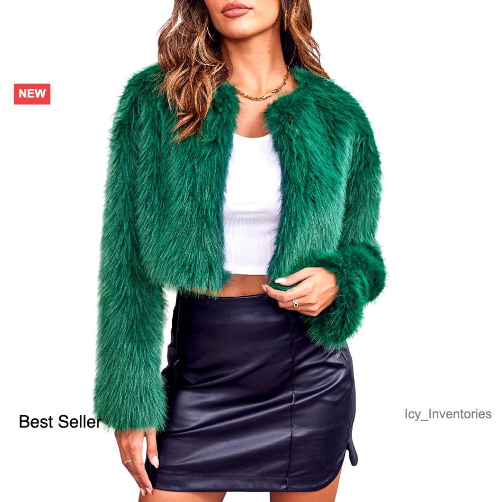 Cropped Faux Fur Jacket Open Front Cardigan Fluffy Shaggy Parka Chic Elegant